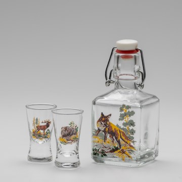 Kit 1x glasflaska och 2x snappsglas genomskinlig med rävmotiv