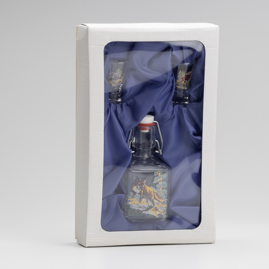 Kit 1x glasflaska och 2x snappsglas genomskinlig med rävmotiv