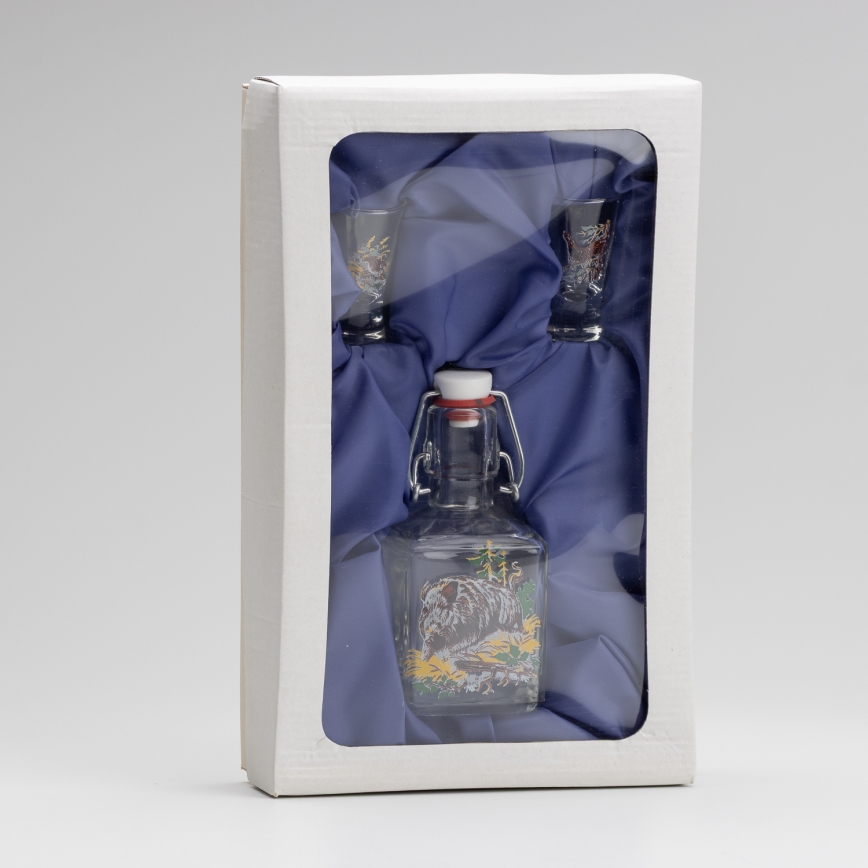 Kit 1x glasflaska och 2x snappsglas genomskinlig med vildsvinmotiv
