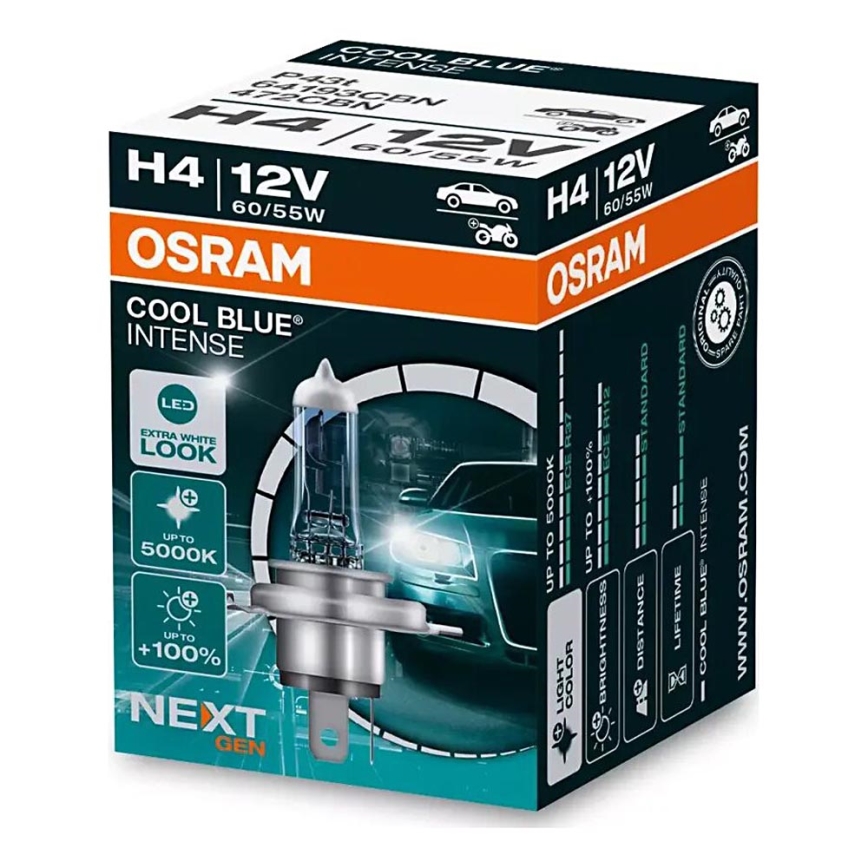 KIT 2x Bilglödlampa COOL BLÅ H4 P43t/60/55W/12V 5000K - Osram