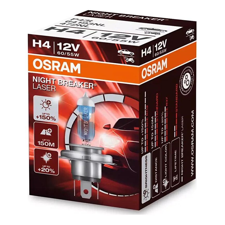 KIT 2x Bilglödlampa NIGHT BREAKER H4 P43t/60/55W/12V 3900K - Osram