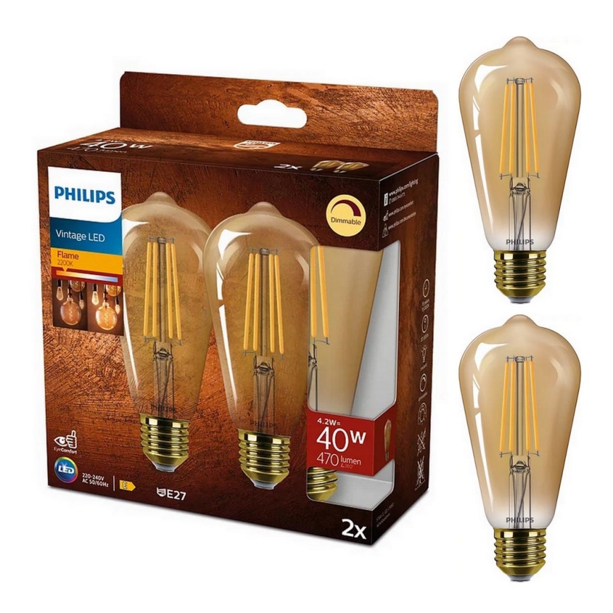KIT 2x LED Ljusreglerad glödlampa VINTAGE Philips ST64 E27/4,2W/230V 2200K