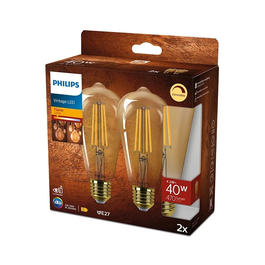 KIT 2x LED Ljusreglerad glödlampa VINTAGE Philips ST64 E27/4,2W/230V 2200K
