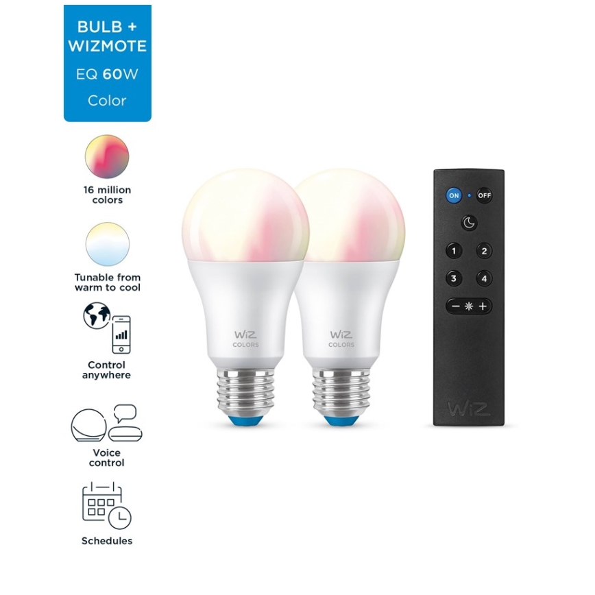 KIT 2x LED RGBW dimbar lampa A60 E27/8,5W/230V 2200-6500K Wi-Fi + fjärrkontroll - WiZ