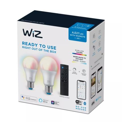 KIT 2x LED RGBW dimbar lampa A60 E27/8,5W/230V 2200-6500K Wi-Fi + fjärrkontroll - WiZ
