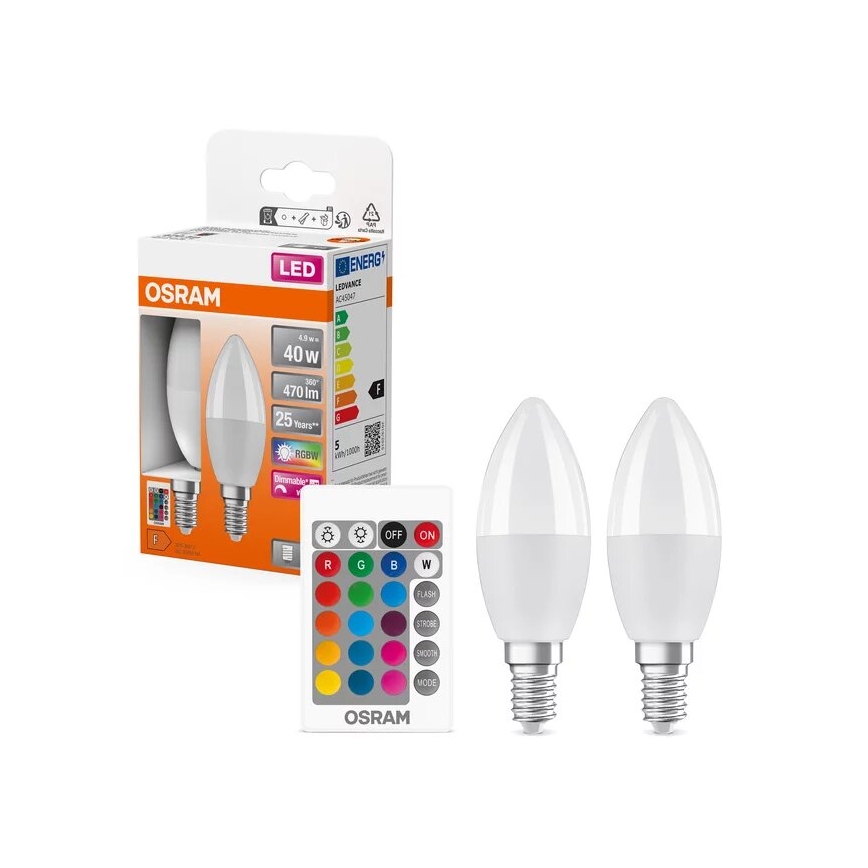 KIT 2x LED RGBW dimbar lampa B38 E14/4,9W/230V 2700K + fjärrkontroll - Osram