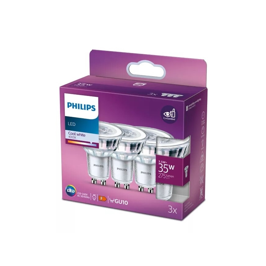 KIT 3x LED glödlampa Philips PAR16 GU10/3,5W/230V 4000K