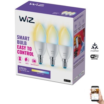 KIT 3x LED Ljusreglerad glödlampa C37 E14/4,9W/230V 2700-6500K CRI 90 Wi-Fi - WiZ
