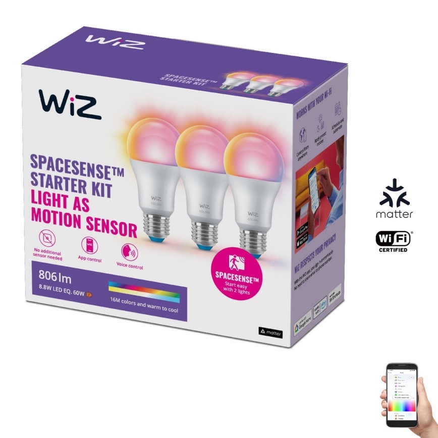 KIT 3x LED RGBW dimbar lampa A60 E27/8,8W/230V 2200-6500K Wi-Fi - WiZ