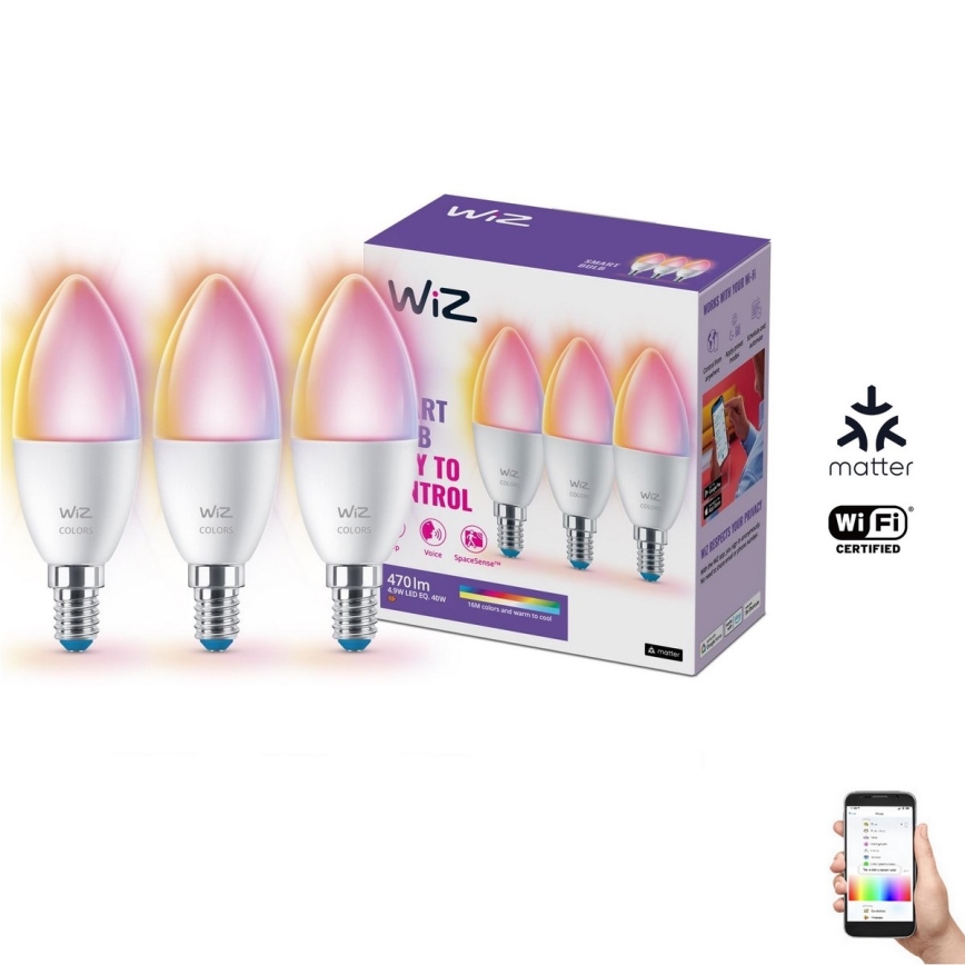 KIT 3x LED RGBW dimbar lampa C37 E14/4,9W/230V 2200-6500K CRI 90 Wi-Fi - WiZ