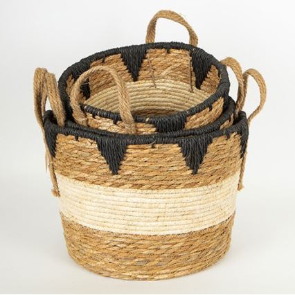 KIT 3x Stråkorg beige/svart 27x20/30x22/36x28 cm