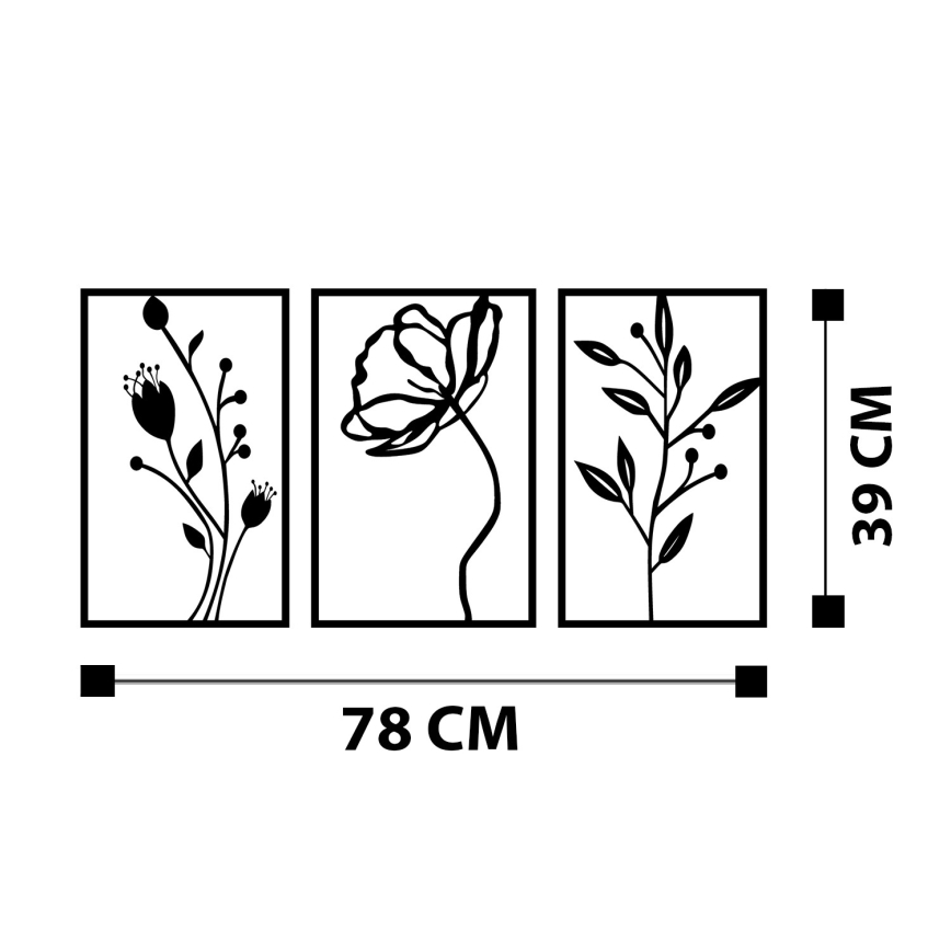 KIT 3x Väggdekoration 78x39 cm blommor metall