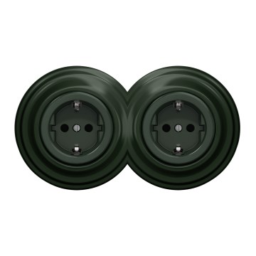 Kliklap - Dubbel retro hushållsuttag med ram, SCHUKO 230V, grön
