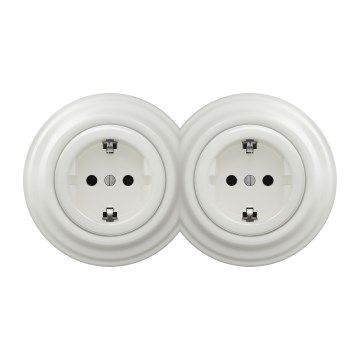Kliklap - Dubbel retro vägguttag för hushåll med ram, SCHUKO 230V/16A, vit