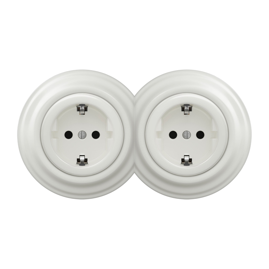 Kliklap - Dubbel retro vägguttag för hushåll med ram, SCHUKO 230V/16A, vit