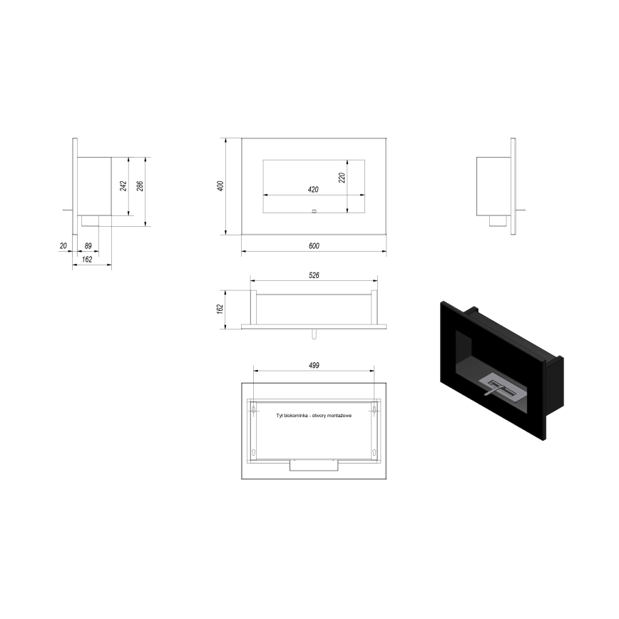 Kratki - Inbyggd BIO eldstad 40x60 cm 2kW svart