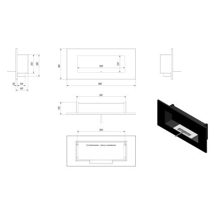 Kratki - Inbyggd BIO eldstad 40x90 cm 2kW svart