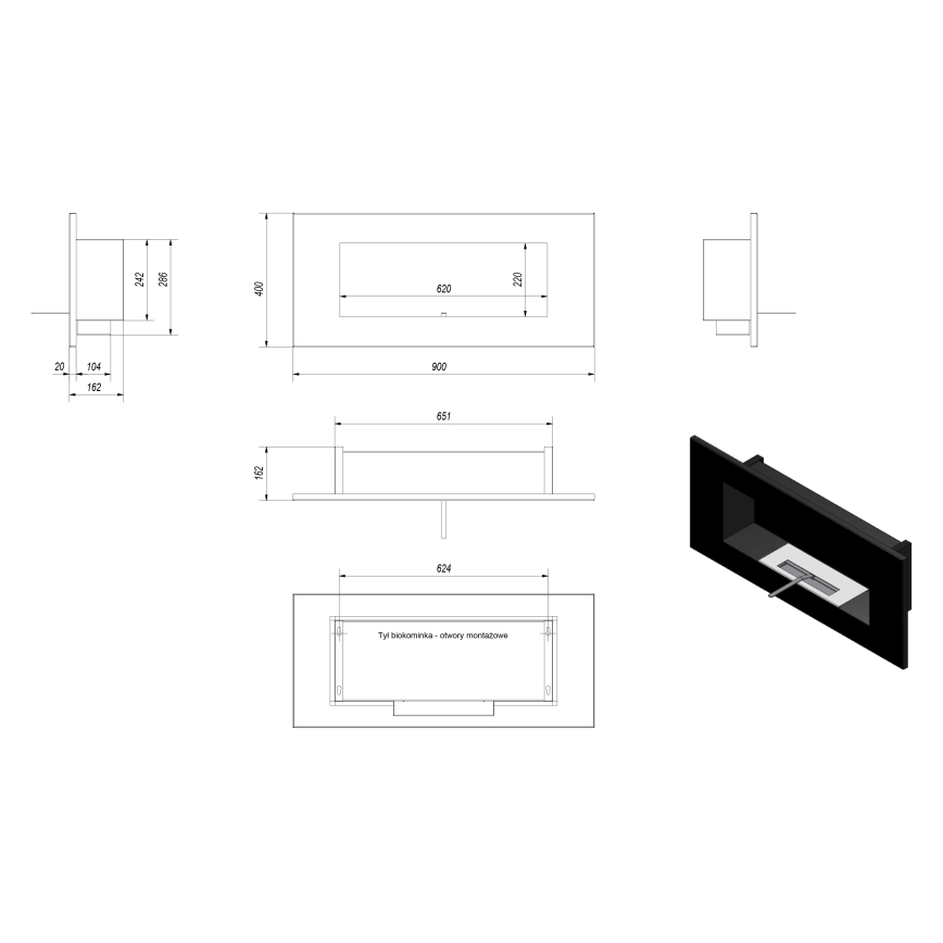 Kratki - Inbyggd BIO eldstad 40x90 cm 2kW svart