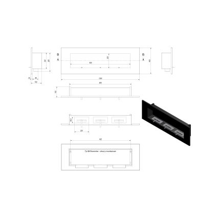 Kratki - Inbyggd BIO eldstad 40x120 cm 3x1,1kW svart