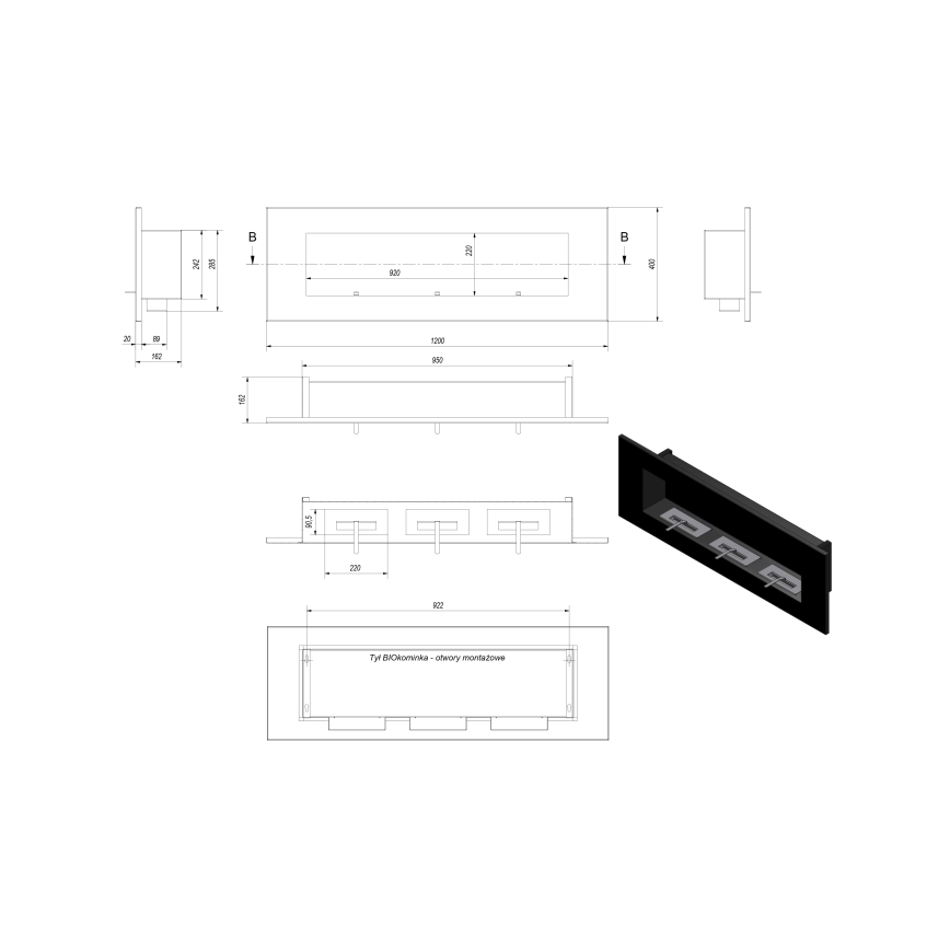 Kratki - Inbyggd BIO eldstad 40x120 cm 3x1,1kW svart