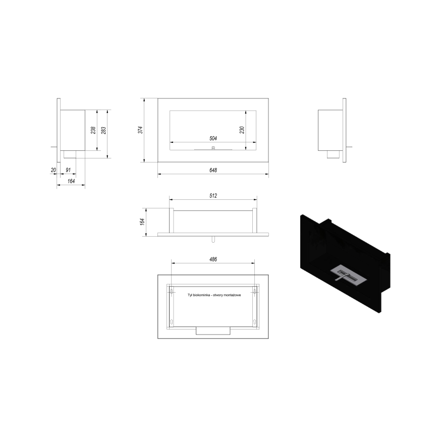 Kratki - Inbyggd BIO eldstad 37,4x64,8 cm 1kW svart