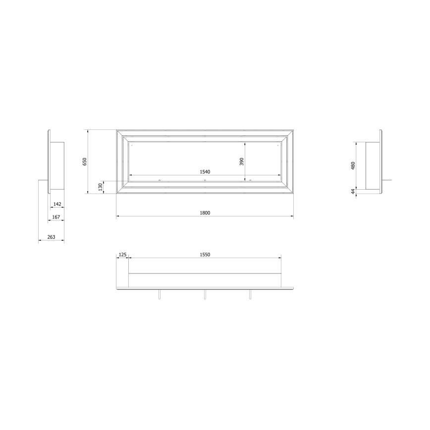 Kratki - Inbyggd BIO eldstad 65x180 cm 3x2,5kW skinande krom