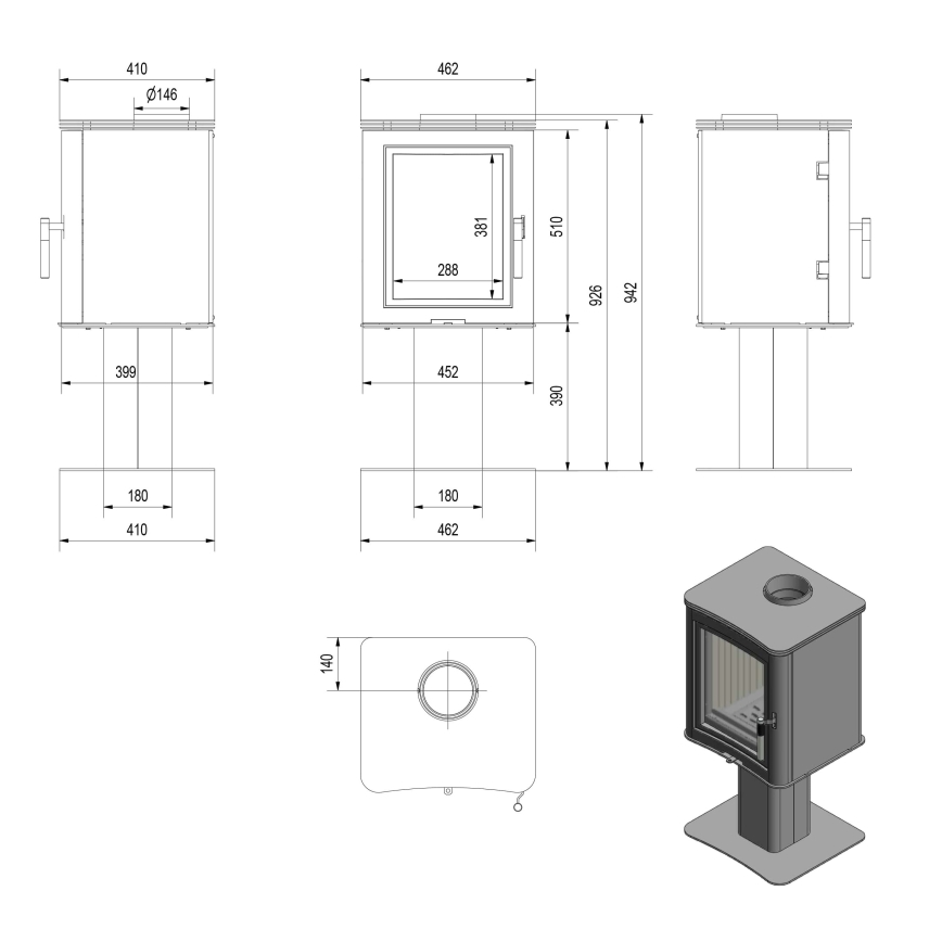 Kratki - Öppen spis i stål 7kW 150mm