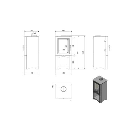 Kratki - Öppen spis i stål 7kW 150mm