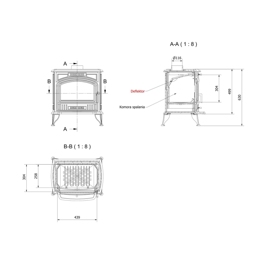 Kratki - Cast-iron fireplace 8kW 130mm