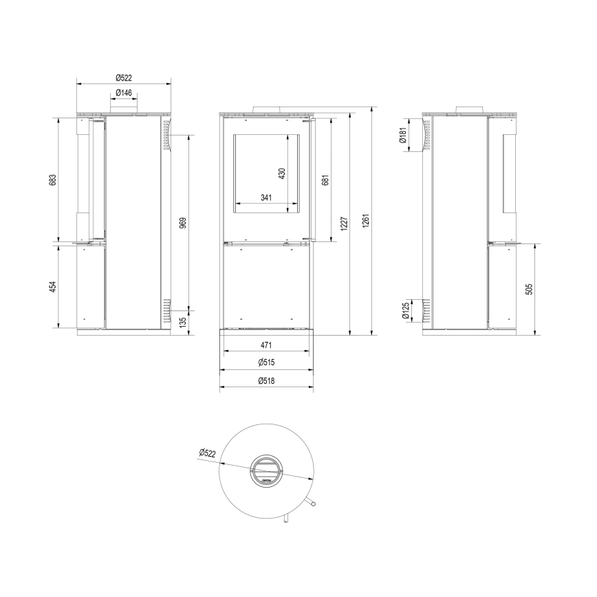Kratki - Öppen spis i stål 9kW 150mm