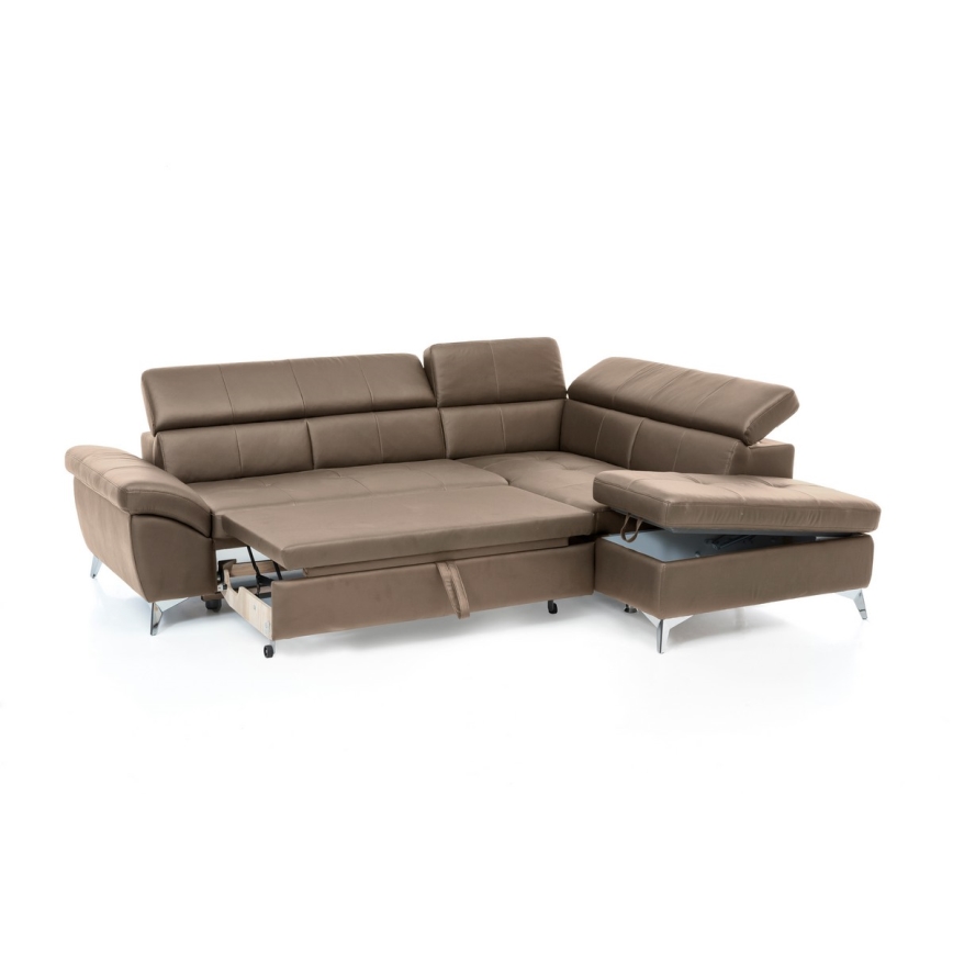 L-formad hörnbäddsoffa i skin SALERNO II rätt brun