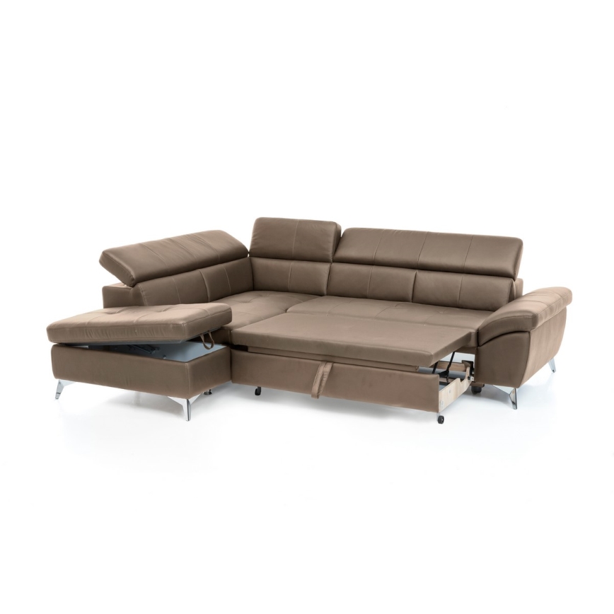L-formad hörnbäddsoffa i skin SALERNO II vänster brun
