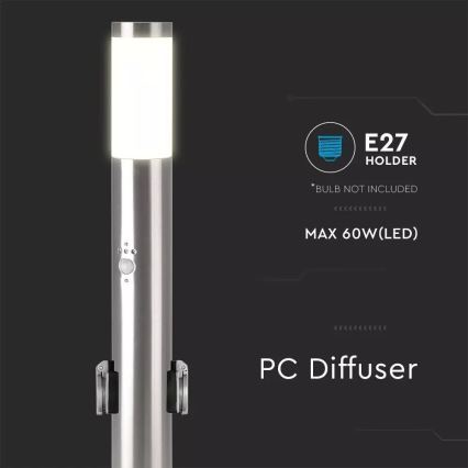 Lampa med sensor för utomhusbruk + 2 uttag SCHUKO 1xE27/60W/230V IP44 60cm matt krom