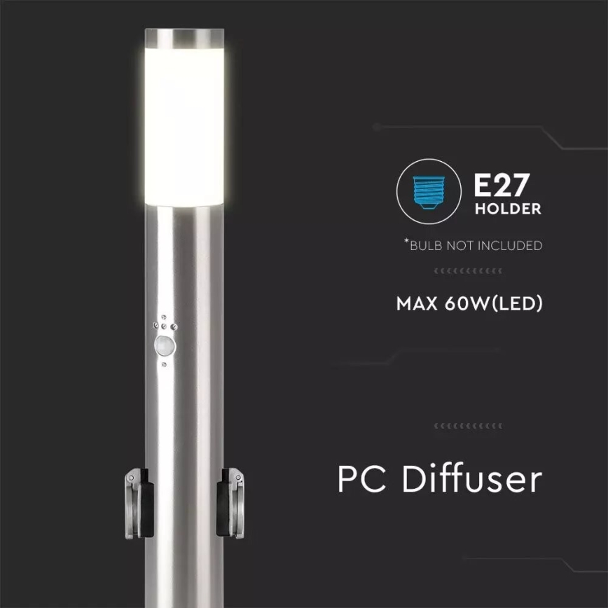 Lampa med sensor för utomhusbruk + 2 uttag SCHUKO 1xE27/60W/230V IP44 60cm matt krom