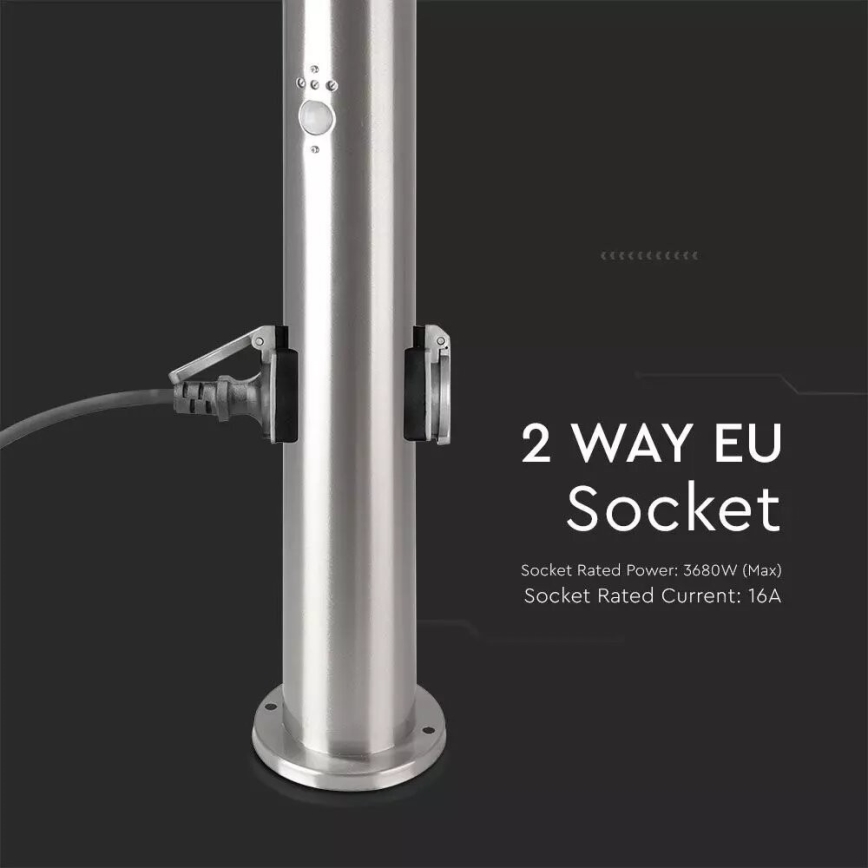 Lampa med sensor för utomhusbruk + 2 uttag SCHUKO 1xE27/60W/230V IP44 60cm matt krom