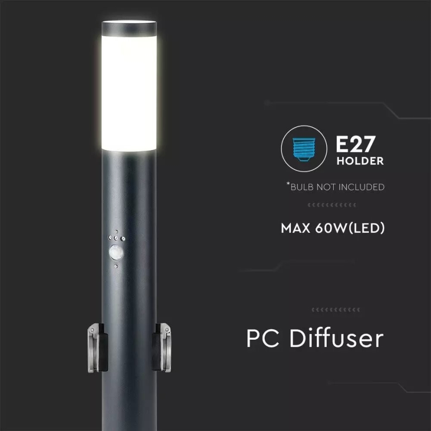 Lampa med sensor för utomhusbruk och 2 uttag SCHUKO 1xE27/60W/230V IP44 60cm antracit