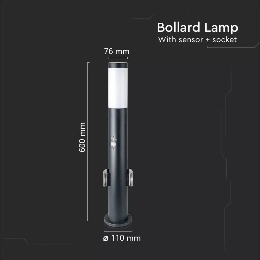 Lampa med sensor för utomhusbruk och 2 uttag SCHUKO 1xE27/60W/230V IP44 60cm antracit