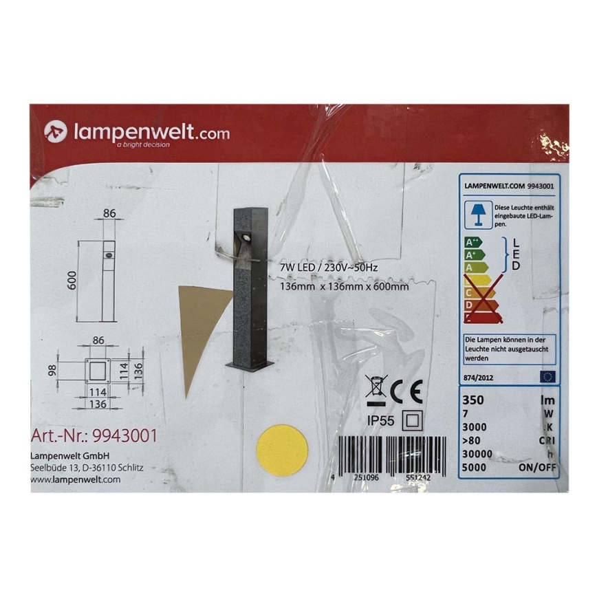 Lampenwelt - LED stolplampa för utomhusbruk AMELIA LED/7W/230V IP55