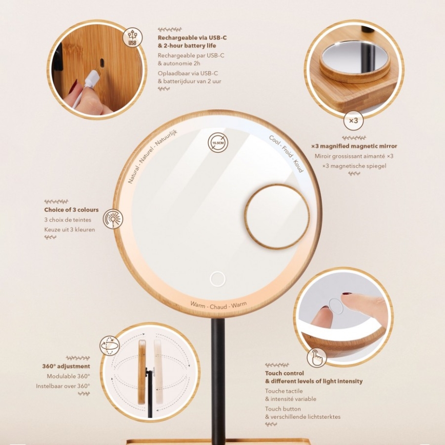 Lanaform - Dimbar sminkspegel med LED-belysning, 5V USB, bambu