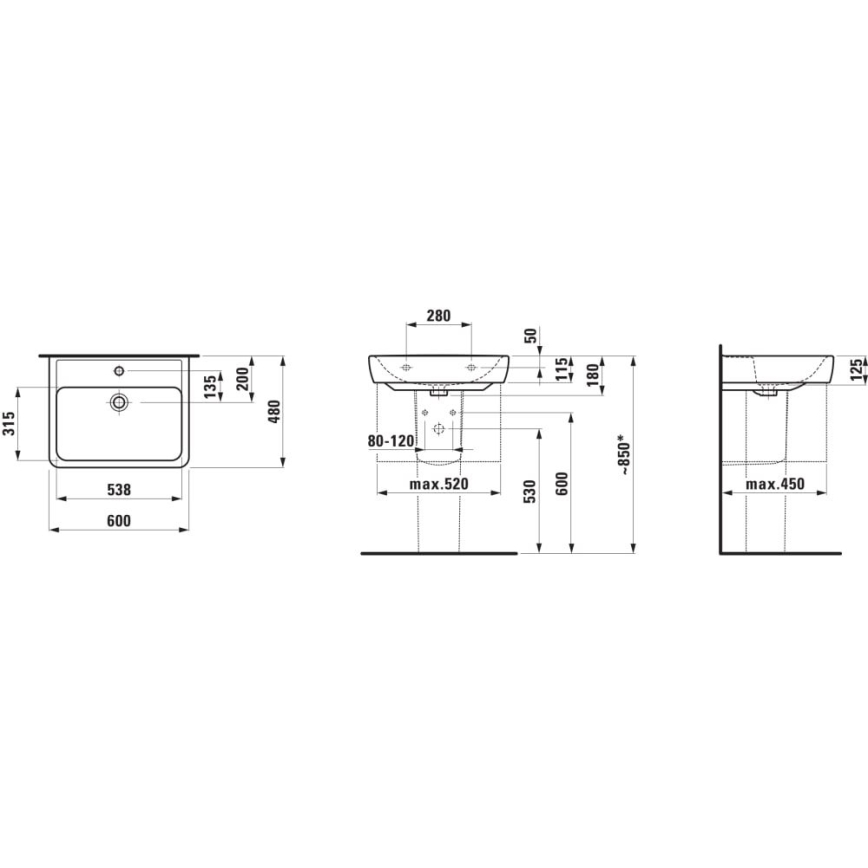 LAUFEN H8189520001041 - Bänkvask/Vägghängd PRO 60x48 cm keramik/vit
