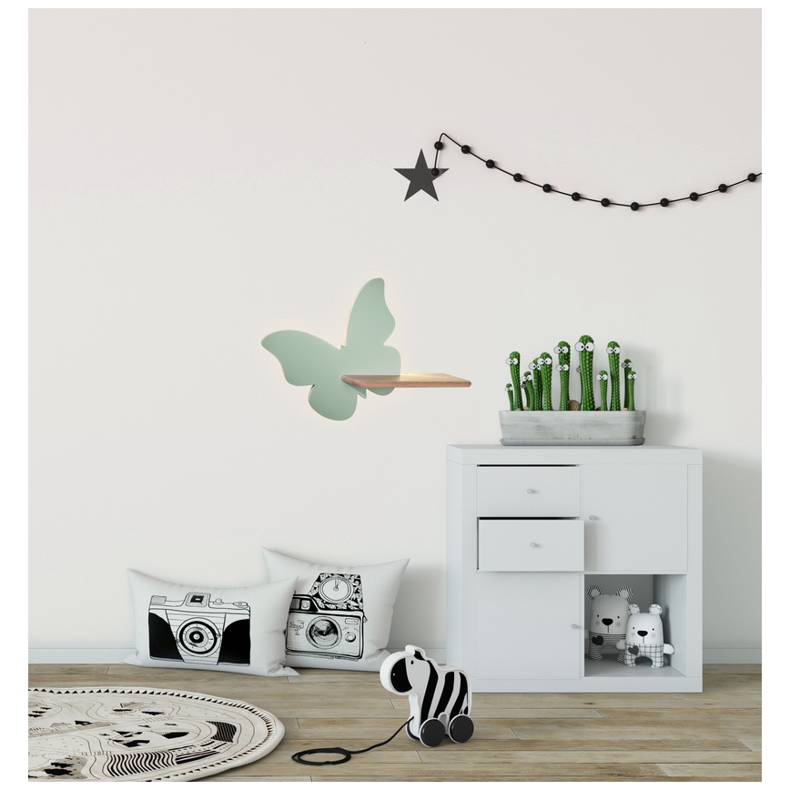 LED Barnvägglampa med hylla BUTTERFLY LED/5W/230V grön/trä,