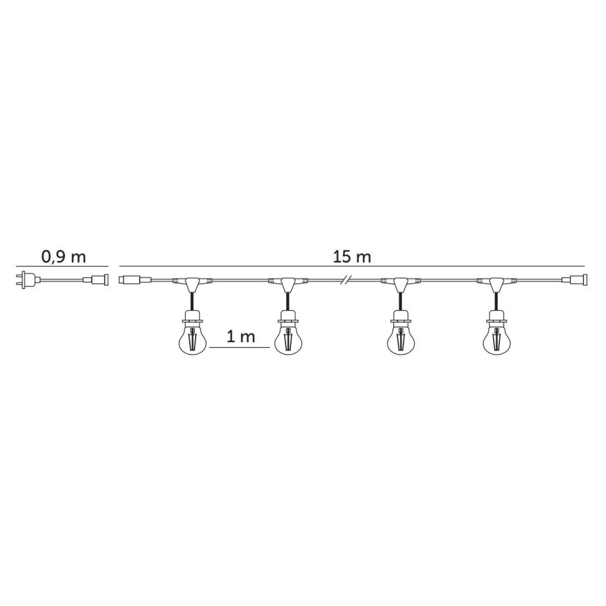 LED dekorativ utomhusslinga BAJA ST64 15xE27/1W/230V 15,9m IP44 varm vit