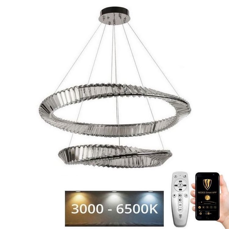 LED Dimbar kristallkronkrona på snöre LED/90W/230V 3000-6500K skinande krom + fjärrkontroll