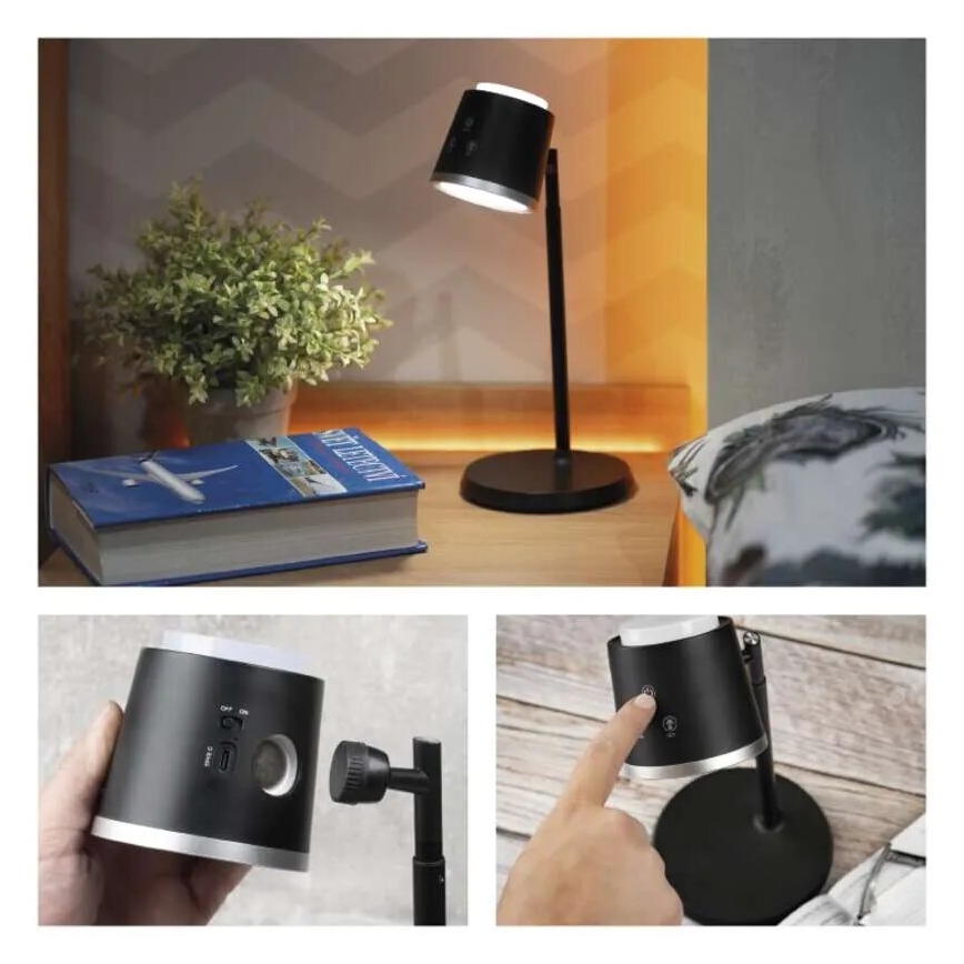 LED Dimbart uppladdningsbart skrivbordslampa 4-i-1 LED/6W/3,7V 3000K/4000K/6500K 1500mAh svart