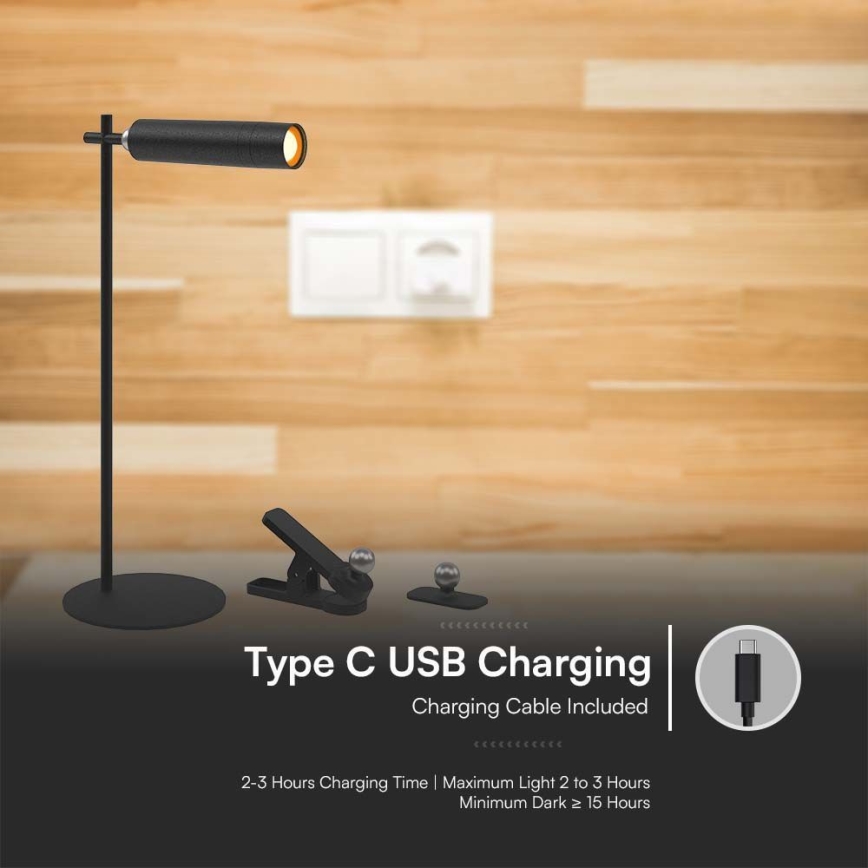 LED Dimbart magnetiskt uppladdningsbart skrivbordslampa 3-i-1 LED/3W/5V 4000K 1500 mAh svart