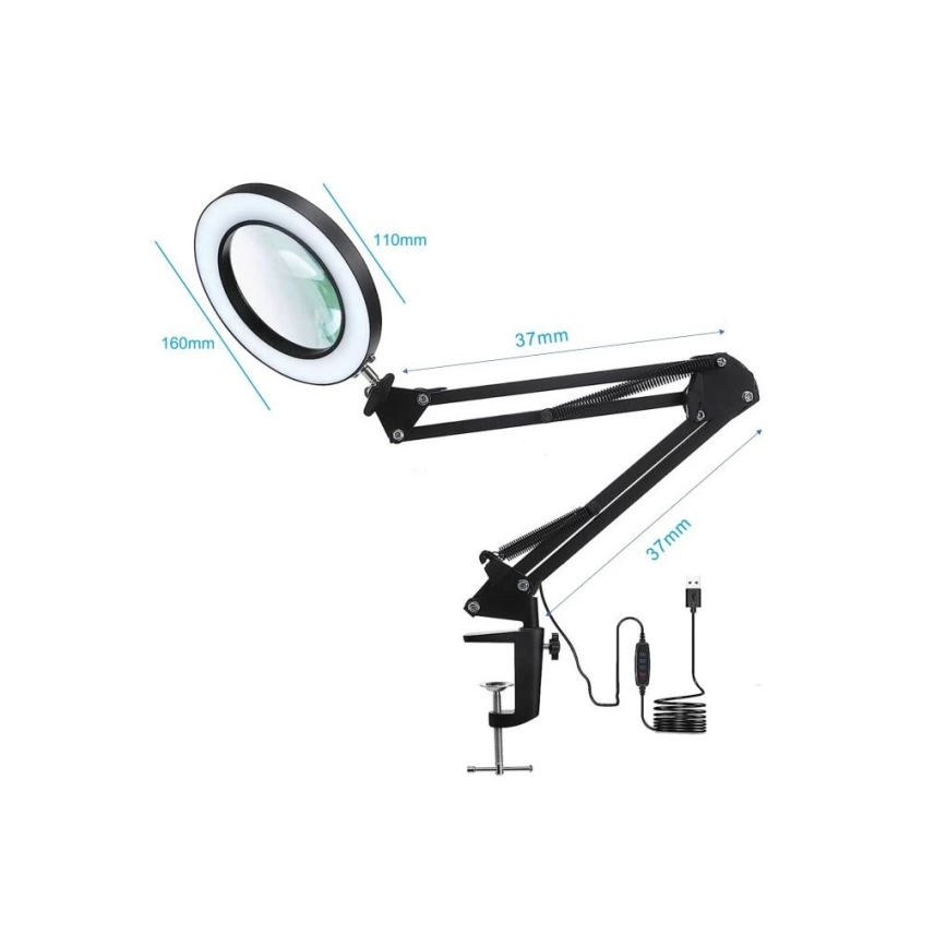 LED Dimbart skrivbordslampa med förstoringsglas LED/22W/5V 4000-6000K svart