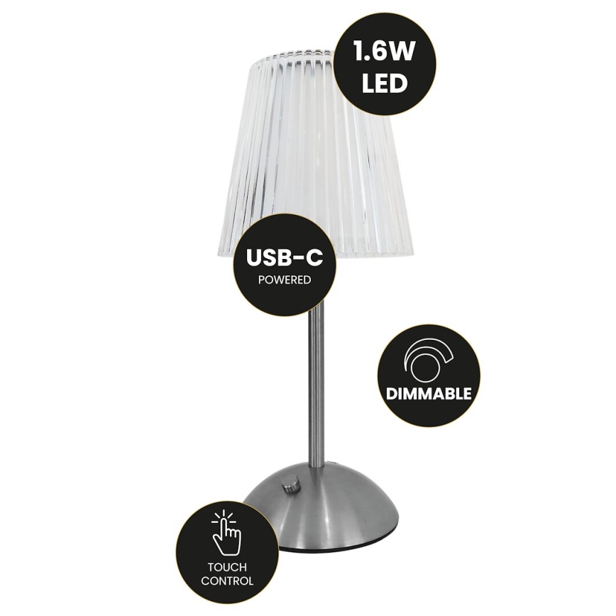 LED Dimbar touch uppladdningsbar bordslampa ELBA LED/1,6W/800 mAh matt krom/genomskinlig
