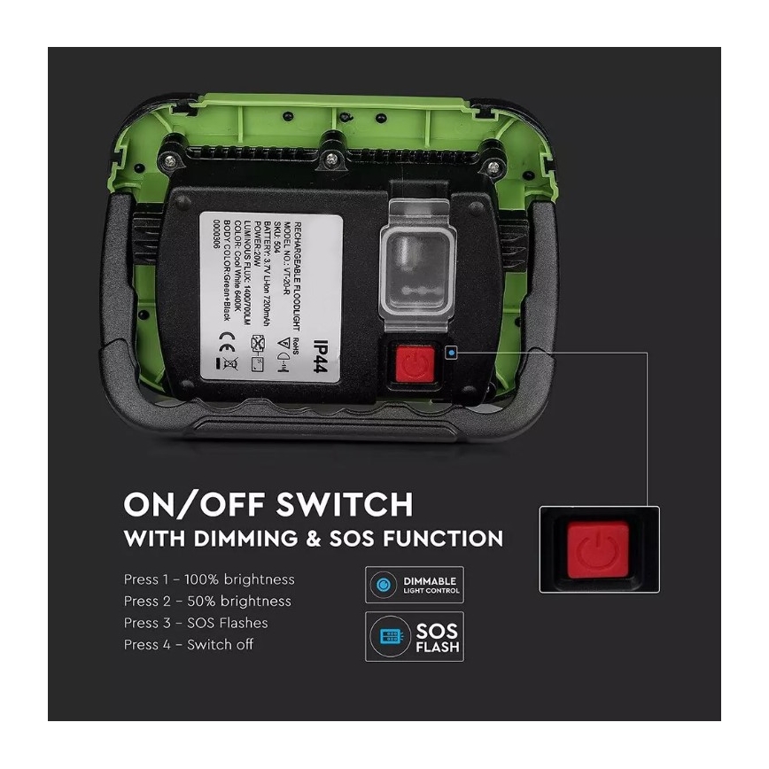 LED Dimbar uppladdningsbar strålkastare SAMSUNG CHIP + SOS funktion 20W/3,7V/USB IP44