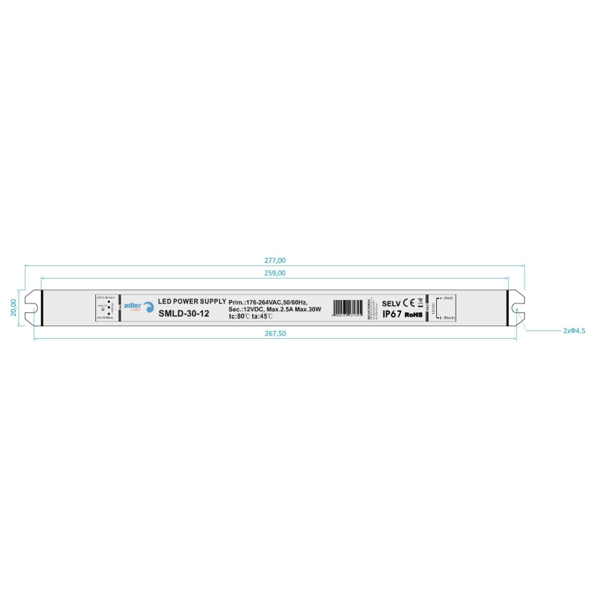 LED Elektrisk transformator DRIVER 30W/230V/12V IP67