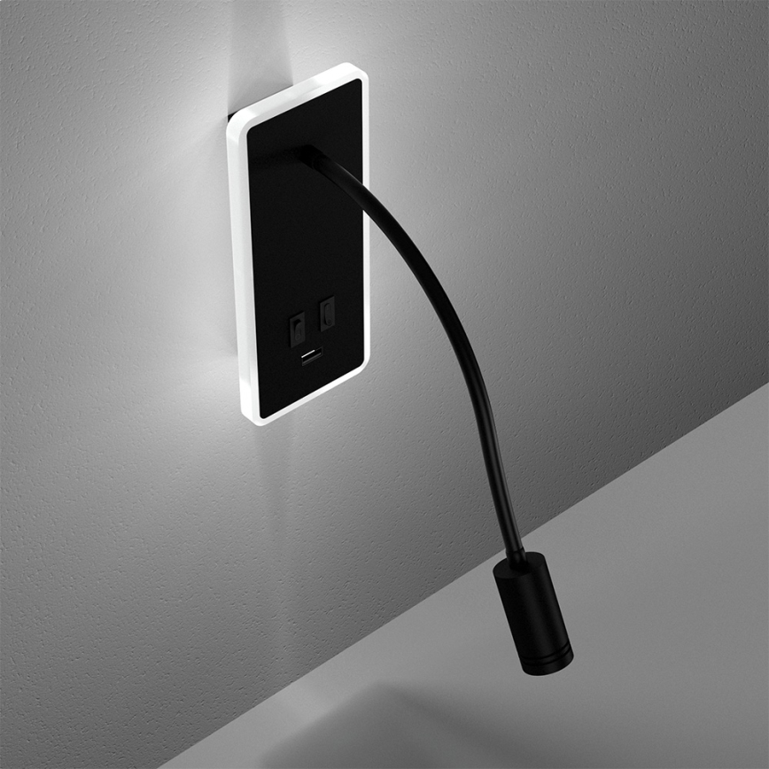 LED Flexibel wall liten lampa med USB BASE 1xLED/8W+1xLED/2W/230V svart